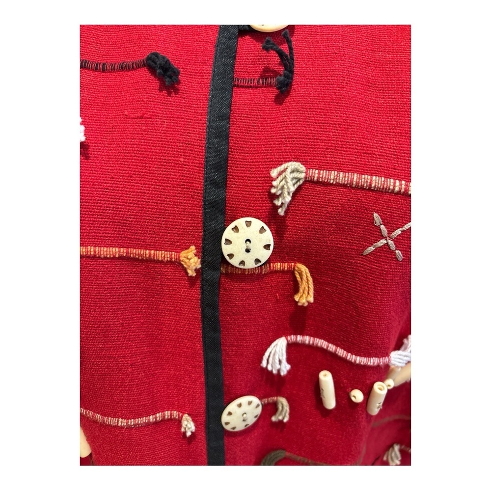 90s INDIGO MOON COTTON RED & BLK FUNKY BOHO BEAD & YARN EMBELLISHED BLAZER SZ 3X - Picture 5 of 8